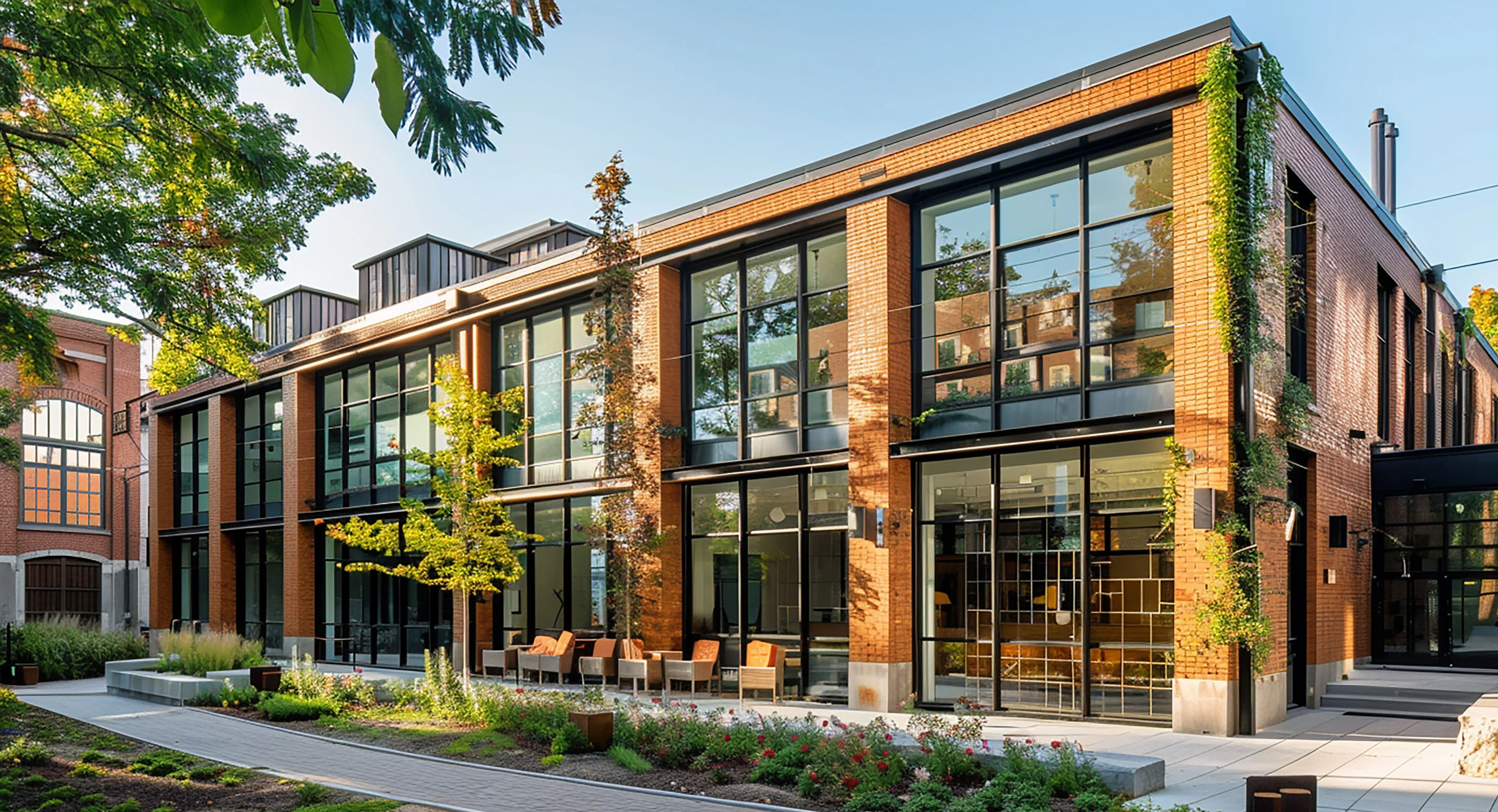 Modern red-brick commercial building with large glass windows and landscaped grounds.